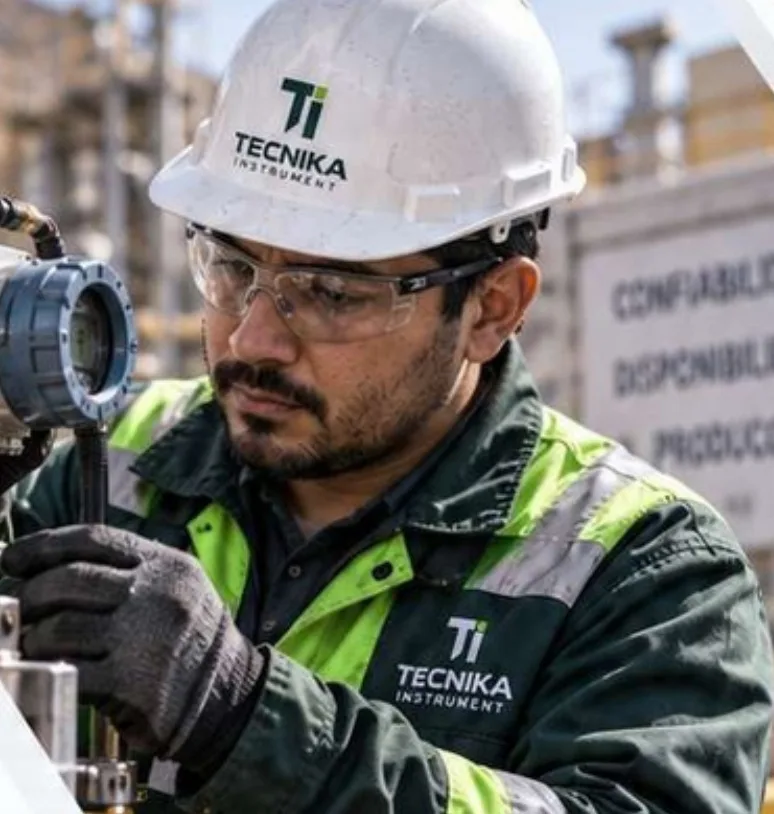 Técnico de Tecnika Instrument revisando un transmisor en campo